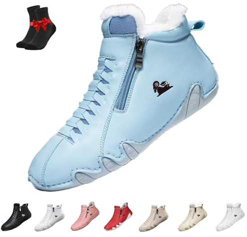 Barfotastövlar i läder for kvinnor, höga halkfria sneakers med dragkedja for utomhusbruk, vandring, casual, varma fleecefodrade stövlar(Sky blue (fleece-lined),40 EU)