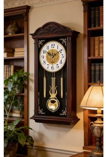 XYUERU Imitation wood Wall Clock With Swinging Pendulum - 26in Traditional Silent Timepiece -Traditional Pendulum Wall Clock,with Pendulum Battery Operated Silent Operation hree-dimensional