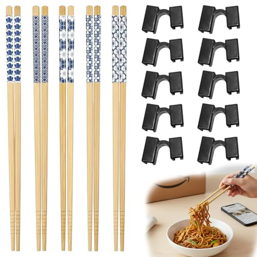 5 Pairs Chopsticks for Beginners,with 10 Chopsticks Aids,Wood Reusable Chopsticks,Training Chopstick Helpers for Adults Dishwasher Safe