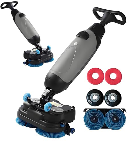 HuanSebesity Compact Walk Behind Commercial Floor Scrubber Dryer,Dual Brushes with Dual Pads & Drivers,Small Floor Scrubber,Cordless Rechargeable Lithium Battery,360°Steering for Workshops Grey