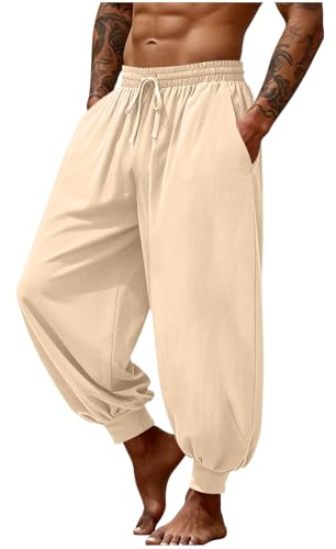 Pantalones de lino ligeros de verano para hombre, holgados, casuales, holgados, con bolsillos, pantalones largos de playa, con cordón elástico, cintura elástica, pantalones hippies, beige, L