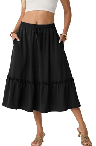 PrinStory Women's Summer Midi Skirts Ladies Boho Flowy Casual Elastic High Waist Skirts with Pockets (Black, L)
