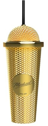 Movie Inspired Microphone Tumbler, Plastic Travel Mug, Double Wall Insulated Cup with Lid, Reusable Insulated Tumblers for Office, Party, Camping, Gift for Music Fans (Gold)