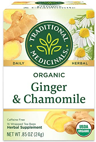 Traditional Medicinals Organic Ginger & Chamomile Herbal Tea, Relieves Occasional Indigestion or Nausea, (Pack of 1) - 16 Tea Bags
