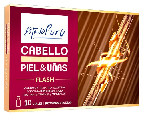 Cabello Piel y Uñas Estado Puro Flash | Colágeno Hidrolizado, Ácido Hialurónico, Silicio, Keratina y Elastina | Nutricosmética Avanzada | 10 Viales Bebibles TONGIL