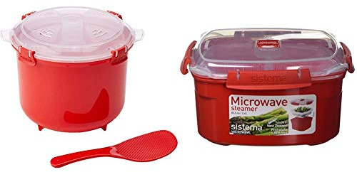 Sistema Microwave Reiskocher, 2,6 l, rot/transparent & Microwave Dampfgarer, mittelgroß mit herausnehmbarem Korb, 2,4 l, rot/transparent