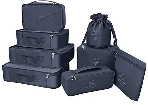 Koffer Organizer Reise Kleidertaschen 8 Sets/7 Farben Travel Gep?ck Organisatoren enthalten wasserdichte Schuh-Aufbewahrungsbeutel Bequeme Kompressions Beutel für Reisen ,Marine