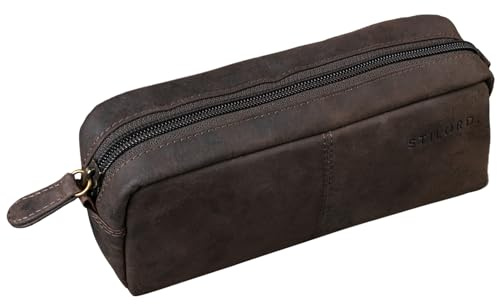 STILORD Spencer Leder Federmappe Vintage mit Reißverschluss Kosmetiktasche Organizer Stiftemappe Schlamperrolle Schlampermäppchen Etui Echtes Leder Farbe:mittel - braun