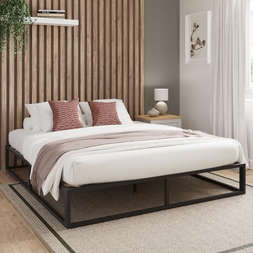 GFW Loft Platform 4ft6 Double Metal Bed Frame, Modern Industrial Bedroom Bed with Wooden Slats, Easy Assembly Steel Frame