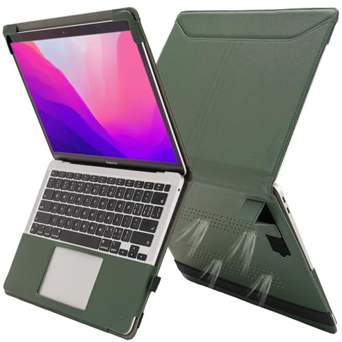 TYTX Kompatibel mit MacBook Air 13 Zoll Hülle Leder Case für MacBook Air 13 2021-2018 (A2337M1/A2179/A1932),Laptop-Hülle Schutzhülle Case Cover mit Heat-Vent und Stand Funktion, Grün