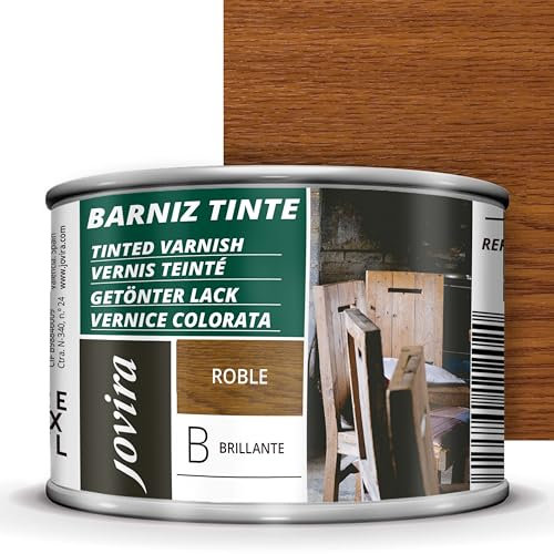 JOVIRA PINTURAS Barniz Brillante Tinte (6 colores). Barniz para madera. Protege, decora y embellece. (375 Mililitros, Roble) D-6