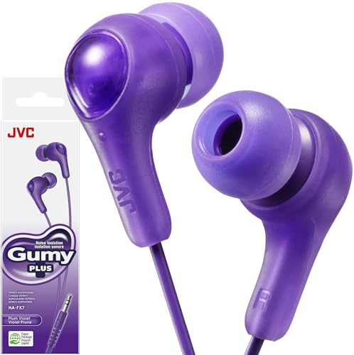 JVC Gumy in Ear Earbud Headphones with Paper Package, Powerful Sound, Comfortable and Secure Fit, Silicone Ear Pieces S/M/L - HAFX7VN (Violet)