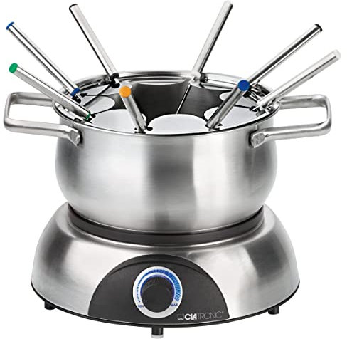 Clatronic 263981 FD 3783 - Olla eléctrica con protector antisalpicaduras extraíble, juego para 8 tenedores de fondue, codificados por colores, capacidad máx. 1,2 litros/1400 W, acero inoxidable, acero