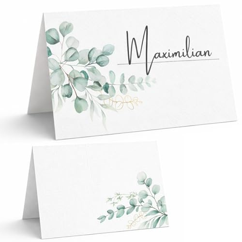 25 Tischkarten Hochzeit Eucalyptus | Platzkarten & Namenskarten zum Beschriften | Tischkärtchen Sitzordnung Tischdeko für Hochzeit Geburtstag Taufe Kommunion Konfirmation (Grün Eucalyptus)
