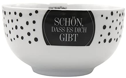 Dekohelden24 Müslischale, Frühstücksschale, Schüssel aus Porzellan in schwarz-weiß gepunktet, Motiv: Schön, DASS es Dich gibt - H/Ø ca. 7 x 13 cm, Fassungsvermögen ca. 450 ml