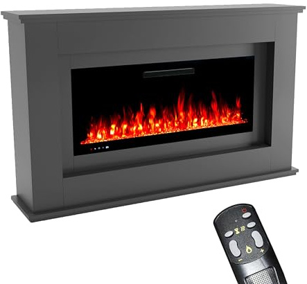 GF Core Elektrokamin mit Heizung und Kaminfeuer (Standkamin Rhea) - elektrischer Kamin mit LED-Feuer in 5 Farben, Heizlüfter, Deko & Fernbedienung – 158x97x33 cm, Grau