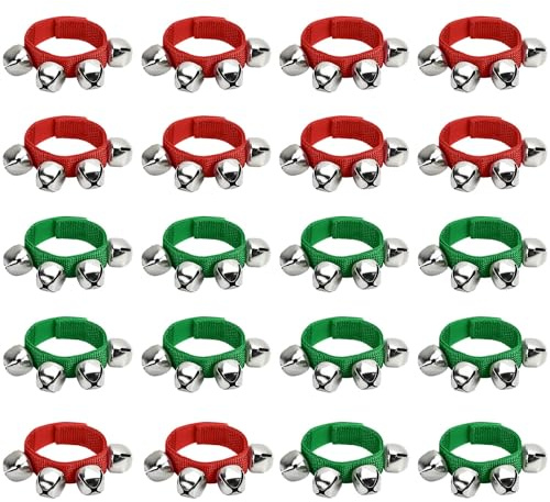 20 Stück Jingle Bells Instrument, Handgelenkglocken, Handklingeln, Musikglocken, Instrument, Jingle Bell Armband, Knöchelglocken, Percussion, Partyzubehör, große Glöckchen (rot und grün)