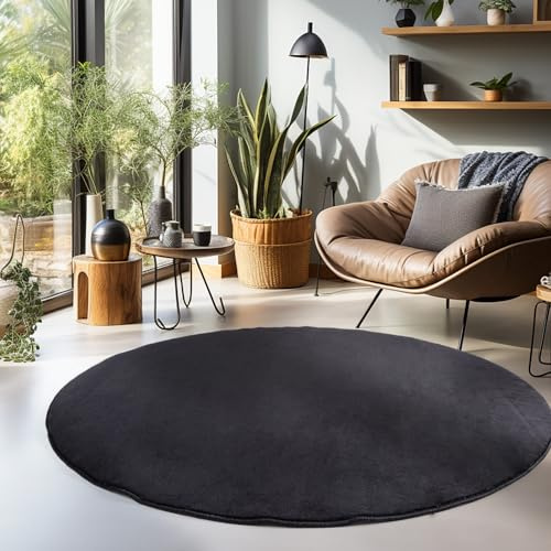 Carpetsale24 Waschbarer Teppich Rund 120 cm Schwarz Einfarbig Kurzflor Modern Weich rutschfest Pflegeleicht Maschinenwaschbar für Wohnzimmer Schlafzimmer Esszimmer