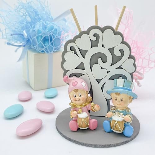 Doni Bomboniere Baum des Lebens aus Holz, Taupe und Weiß, mit Figur Jolly mit Tamburin, Jungen oder Mädchen, Feier Geburt, Taufe, erster Geburtstag Zwillinge (MF)
