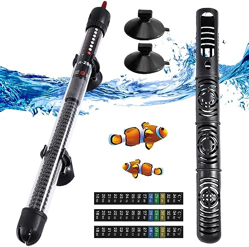 Riscaldatore Acquario 200w 200L con Ventose, Temperatura Regolabile Riscaldatore Acquario Tartarughe D'acqua con Coperchio di Protezione, Termoriscaldatore Acquario con Adesivi di Temperatura