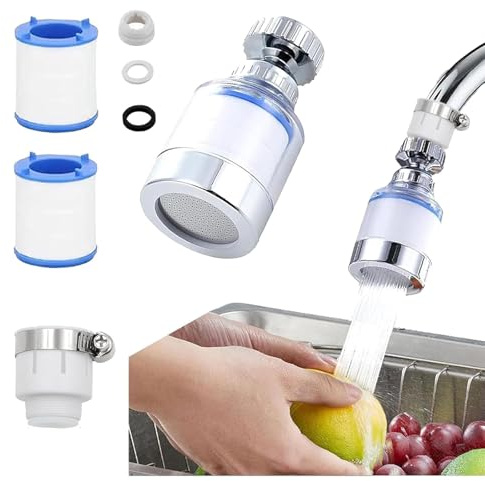 Faucet Water Filter with Universal Adapter and 2 Filter Cartridges,360 Degree Rotating Sink Tap Water Filter,Carbon Water Filtration Faucet Removes Chlorine Fluoride Heavy Metals Hard Water