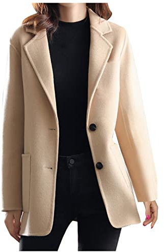 Wollblazer für Damen, elegant, Business, formelle Jacke, Doppelknopf-Mäntel, Revers, Trencoats, kurze lässige Bürojacke, Arbeitskleidung, solide, warme Winterjacke, Trenchcoats, 01 Khaki, M