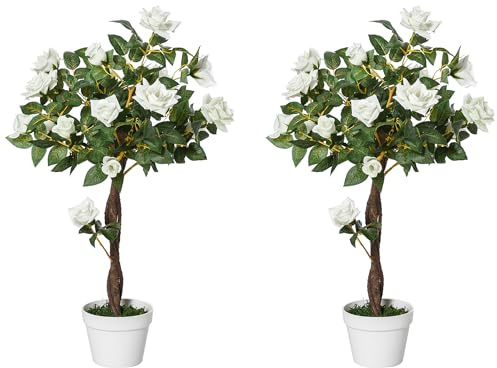 Outsunny Set 2 Alberelli di Rose Finte, Pianta Artificiale Alta 90cm con 21 Fiori e Vaso per Interno ed Esterno, Bianco e Verde