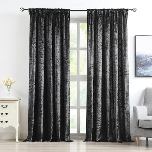 Bujasso Black Velvet Room Darkening Xmas Curtains 72 inch Crushed Velvet with Microfiber Lining Window Curtains for Living Room Bedroom Pencil Pleat Window Drapes Set of 2 Panels W66 x L72 Black