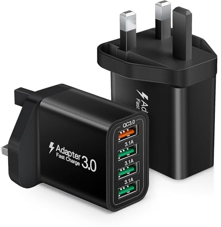 USB Plug UK, 2 Pack Acezeek 33W 4 Ports Fast Charger Plug with Intelligent Quick Charge 3.0, Multi USB Charger for iPhone 16/15/14/13 Pro/Max, Samsung Galaxy S24/S23/S20,iPad,LG