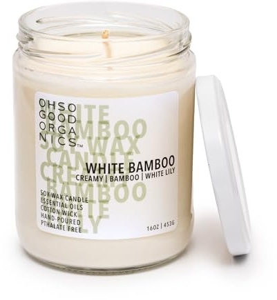 Scented Soy Wax Candle for Home, White Bamboo Candle and Lily, Essential Oils, Soy Candles Non Toxic, Aromatherapy Candles, 16oz, 60 Hours Burn Time, Fresh Bamboo and Green Floral Scent