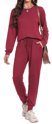 Irevial Damträningsoverall, ledigt set för kvinnor, tvådelade set loungewear, långärmad pyjamas set med rund hals och 2-delat set för fitness, 1 vinrött, L