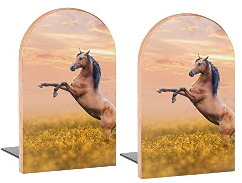 Buchstützen, Wildbraunes Pferd auf Feld, dekorative Holz-Buchstützen für Regale, Schreibtisch, Heimbüro, Buchstopper für Zeitschriften, Bücher, DVDs, 2 Stück