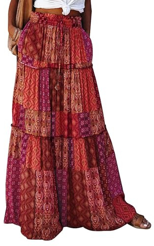 Timuspo Maxikjol dam lång elegant bohokjol vardaglig midikjol A-linje enfärgad sommarkjol kjolar med fickor elastisk hög midja strandkjol fritidskjol, boho-röd, S