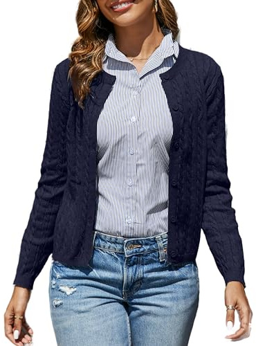 Dosieyeo Damen Strickjacke mit Zopfmuster Langarm Cardigan mit Knöpfen Elegant Casual Rundhals Strickweste Warme Trachtenjacke Navy,M