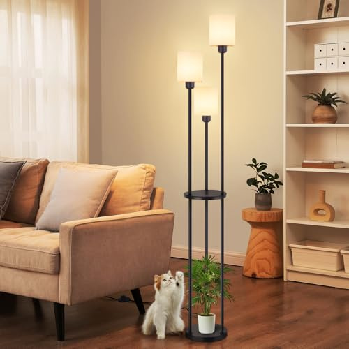 ZMH Stehlampe Wohnzimmer Stehleuchte mit Regal - Standleuchte Weiß Stoff | Stehlampen Metall Standlampe mit 3 Flammig E27 Wohnzimmerlampe Stehend Modern Lampe für Schlafzimmer Büro(Ohne Leuchtmittel)