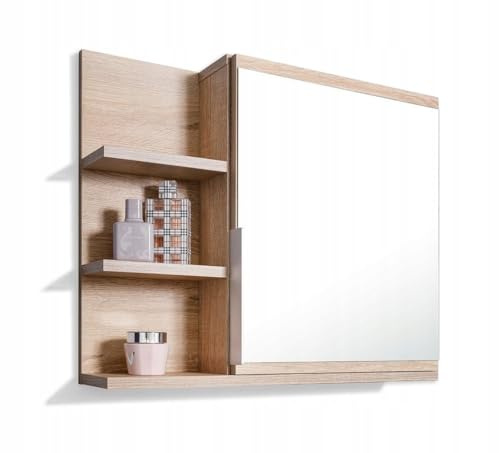 FreshYou Spiegelschrank 60x50 Sonoma Eiche, Badezimmerschrank mit Ablagen, Badezimmerspiegel, Hängeschrank - Links