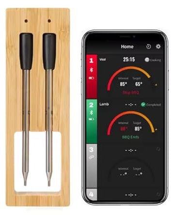 Smart Bluetooth Meat Thermometer with 2 Probes – Wireless Digital BBQ & Smoker Temperature Monitor, Dual Probe Cooking Thermometer for Grilling, Oven, Steak, and More – Bamboo Storage Case Included