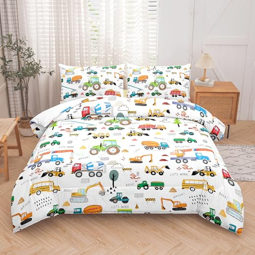 Peopleareok Cartoon Car Kids Comforter Set Queen (90x90 Inch), 3 Pieces Construction Excavator Tractor Bedding Sets for Boys Toddler Children, Super Soft Microfiber Comforter with 2 Pillowcase