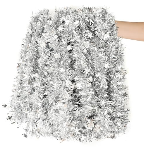 DONGZHI 10M Chunky Silver Tinsel Christmas Garland with Snowflake for Christmas Tree Decorations