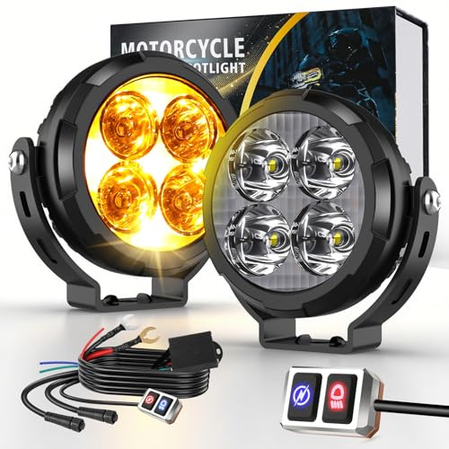 CO LIGHT Feux Additionnels Moto LED Stroboscope 3.5 Pouces Phare Moto 9 Modes Kit de 2 Complet avec Capot Ambré Amovible Supports et Câblage Universel pour Éclairage Avant Off-Road Route et Brouillard