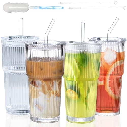 ZHYOPING 4PCS 550ml Ribbed Glass Tumbler with Straw and Lid, Reusable Iced Coffee Cup, Iced Latte Glass, Smoothie Cup, Leakproof Clear Water Cups for Tea, Juice, Milk, Soda, Cocktail, Whiskey