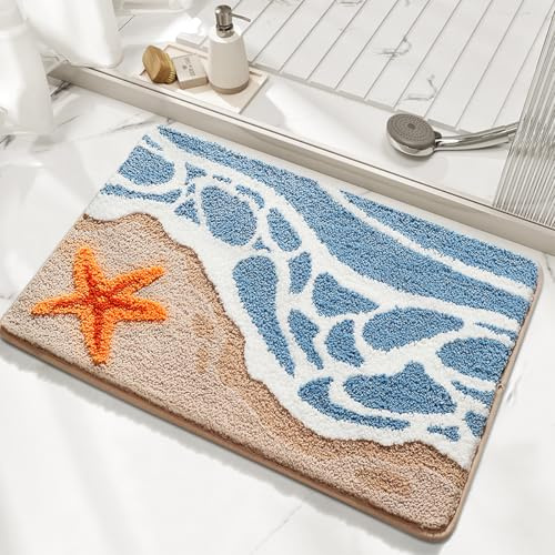 Loismood Süßer Badezimmerteppich Ozean-Motiv, super saugfähig, maschinenwaschbar, rutschfest, Flauschiger Teppich für Dusche, Schlafzimmer und Wohnzimmer, 40 x 60 cm, Küste