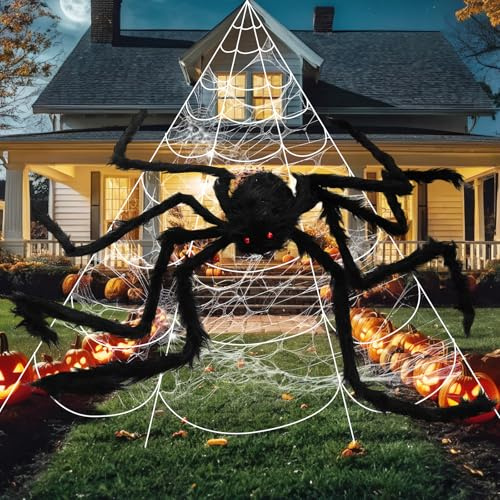 Wanheart Halloween Decorations Outdoor Spider Web, 59'' Giant Spider + 200 Triangular Giant Web, Indoor/Outdoor Scary Home Garden Party, Haunted House}