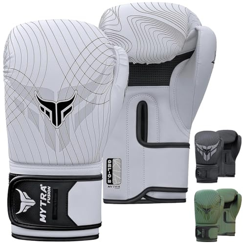Guantes Boxeo 10, 12, 14, 16 oz — Guantes Golpeo con Palma de Malla Ventilada Guantes de Entrenamiento | Guantes MMA, Muay Thai y Kickboxing para Hombres y Mujeres (Blanco, 14-oz)
