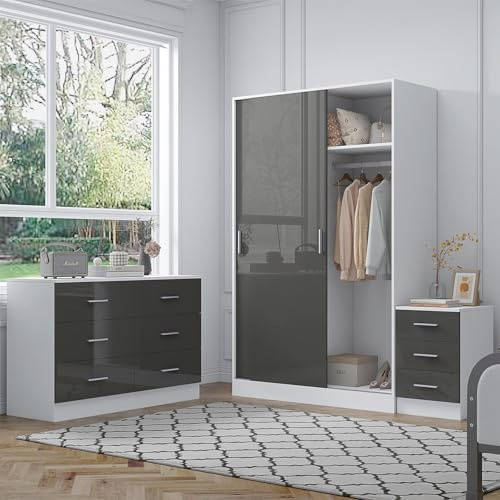 Reflect 2 Door Sliding Wardrobe, 6 Drawer Wide Chest, 3 Drawer Bedside Table | Grey Gloss & Matt White Finish | Modern Bedroom Furniture Set