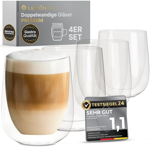 Lemontree 4er Set Latte Macchiato Gläser 350ml - Gastronomie Qualität - 180 Grad spülmaschinenfest und hitzebeständig - doppelwandige Kaffeegläser - Borosilikatglas für Cappuccino Latte Macchiato