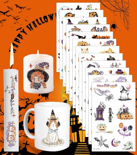 12 Stück Halloween Kerzentattoo Wasserschiebefolie (110+ Muster),Kerzenaufkleber,Wassertransferdruck,Wasserschiebefolie kerzen,Kerzenfolie,Kerzen dekorieren,Halloween Sprüche und Motive,Geschenkidee