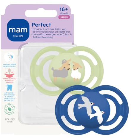 MAM Perfect Schnuller, 16+ Monate, Schafe/Vögel, 2 Stück | Beugt Zahnfehlstellungen vor, SkinSoft Silikon, hautfreundlich dank Luftlöcher, inkl. Sterilisierbox