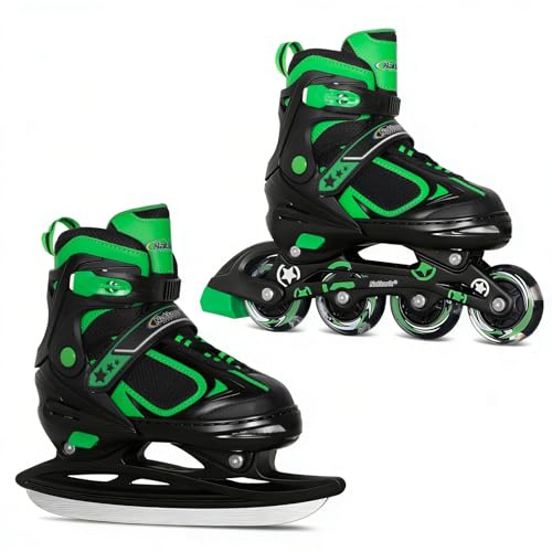 Nattork Inline Skates for Children, 2-in-1 Children's Inline Skates & Ice Skates, Adjustable Inline Skates for Boys Girls Beginners (Green, Medium 32-36 EU)