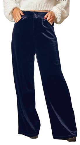 CUPSHE Pantalones de terciopelo para mujer, pierna ancha, cintura alta, estilo palazzo, estilo informal, con bolsillos, azul marino, XS